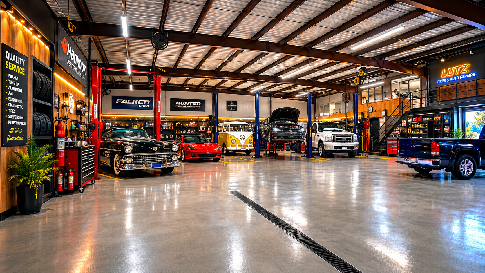 Service bays with vehicles on lifts